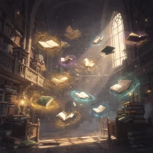 A library where the books are glowing and floating in mid-air, illustrated in a magical realism style with dramatic lighting and rich atmospheric colors. - Black Forest Labs Flux 2 Pro