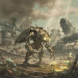 A mechanical creature in a polluted landscape. Capture the visual aesthetic of 'Nausicaä' by Studio Ghibli, with Miyazaki's mechanical designs and environmental contrast. - Black Forest Labs Flux 2 Pro