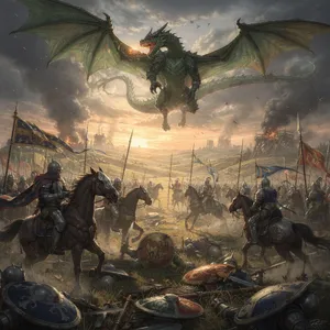 A medieval battlefield with knights on horseback and a dragon flying overhead. - Black Forest Labs Flux 2 Pro