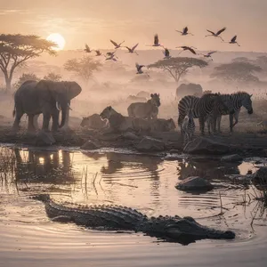 A misty dawn at an African savanna watering hole where elephants, lions, and zebras coexist in tense harmony, with a crocodile partially submerged in the foreground and flamingos taking flight in the background, golden hour lighting. - Black Forest Labs Flux 2 Pro