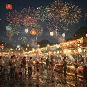 A nighttime festival with fireworks in the sky, food stalls lined up, and crowds mingling. - Black Forest Labs Flux 2 Pro
