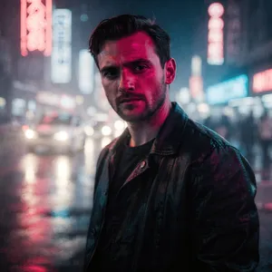 A nighttime portrait of a man lit by neon signs on a city street. - Black Forest Labs Flux 2 Pro