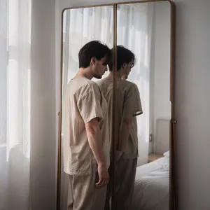 A person standing before a mirror, with their front and reflected back both visible. - Black Forest Labs Flux 2 Pro