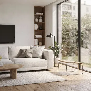 A photorealistic interior of a modern Scandinavian-style living room with natural light streaming through floor-to-ceiling windows. Show detailed wood textures, fabric materials, and proper light reflections. - Black Forest Labs Flux 2 Pro