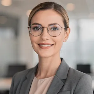 A professional headshot of a businesswoman wearing glasses, against a blurred background. - Black Forest Labs Flux 2 Pro