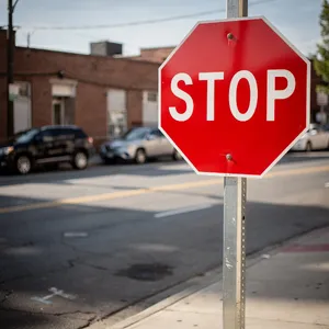 A red stop sign on a street corner displaying the word 