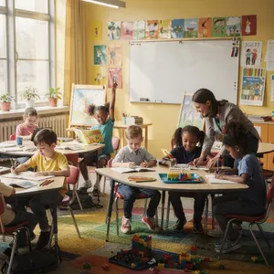 A school classroom of children and a teacher, each student engaged in a different activity. - Black Forest Labs Flux 2 Pro