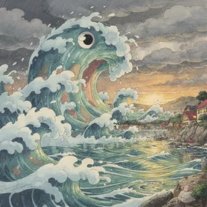 A sea creature rising from a stormy ocean near a village. Replicate the visual style of 'Ponyo' by Studio Ghibli, with Miyazaki's fluid water animations and vibrant creatures. - Black Forest Labs Flux 2 Pro