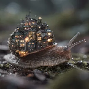 A snail whose shell contains a miniature city skyline, depicted in a hyperrealistic macro photography style with intricate architectural details and ambient lighting. - Black Forest Labs Flux 2 Pro