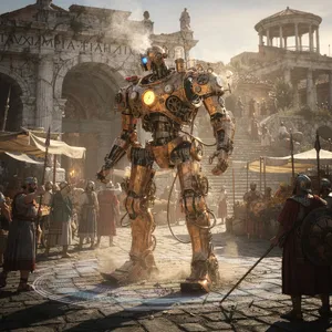 A steampunk robot time-traveling in ancient Rome, depicted in a detailed cinematic style that blends historical accuracy with copper and brass retrofuturistic aesthetics. - Black Forest Labs Flux 2 Pro