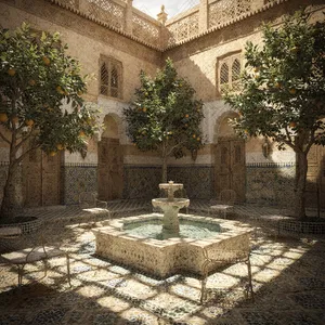 A traditional Moroccan riad courtyard with detailed zellige tilework, flowing fountain, citrus trees, and ornate woodwork. Morning light casting intricate shadow patterns. - Black Forest Labs Flux 2 Pro