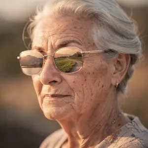 A ultra high-resolution portrait of an elderly woman with silver hair and bifocal glasses, each lens reflecting a distant landscape, captured in warm late-afternoon sunlight - Black Forest Labs Flux 2 Pro