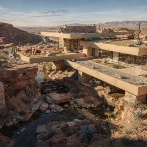 Aerial view of a modernist desert home, in the style of Frank Lloyd Wright's Fallingwater but adapted to desert conditions. Show integration with rocky landscape and water features. - Black Forest Labs Flux 2 Pro