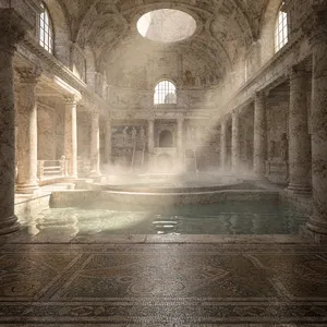 An ancient Roman bathhouse interior with accurate architectural details - marble columns, mosaic floors, arched ceilings, and steam rising from pools. Natural light from oculus openings. - Black Forest Labs Flux 2 Pro