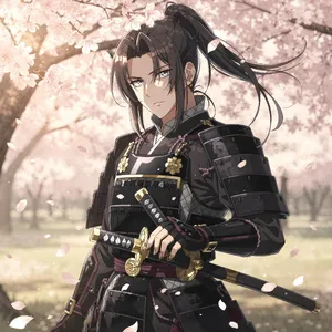 An anime-style portrait of a samurai standing under pink cherry blossoms. - Black Forest Labs Flux 2 Pro