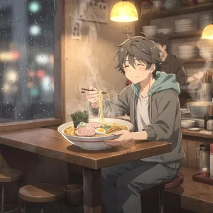 An anime scene of a character eating ramen at a small shop counter (slice-of-life style). - Black Forest Labs Flux 2 Pro