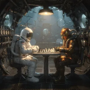 An astronaut and a deep-sea diver playing chess together inside a submarine. - Black Forest Labs Flux 2 Pro