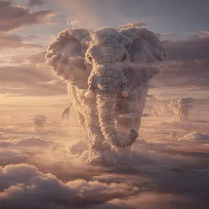 An elephant made of clouds floating in a sunset sky, rendered in a surrealist photorealistic style with ethereal golden lighting and atmospheric depth. - Black Forest Labs Flux 2 Pro
