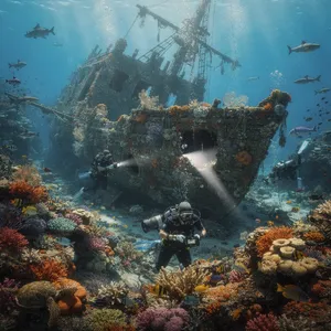 An underwater scene with scuba divers exploring a coral reef alongside colorful fish and a sunken ship. - Black Forest Labs Flux 2 Pro