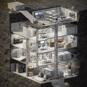 Cross-section rendering of a multi-level underground bunker with different functional areas, structural support systems, ventilation, and power generation facilities visible. - Black Forest Labs Flux 2 Pro