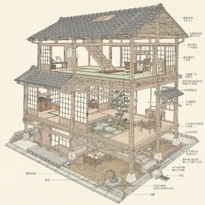 Cutaway architectural drawing of a traditional Japanese machiya townhouse showing all rooms and structural elements. Include accurate proportions, traditional joinery, and typical spatial organization. - Black Forest Labs Flux 2 Pro