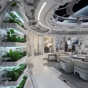 Interior of a futuristic space habitat with hydroponics gardens, communal areas, and living quarters. Show curved walls, artificial gravity considerations, and multipurpose furniture designs. - Black Forest Labs Flux 2 Pro