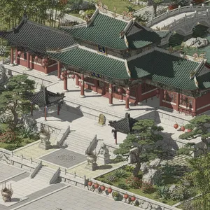 Isometric architectural illustration of an ancient Chinese temple complex showing multiple pavilions, gardens, and ceremonial spaces. Include proper roof structures and traditional ornamentation. - Black Forest Labs Flux 2 Pro