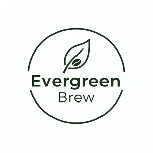 Minimalist logo for a sustainable coffee brand 'Evergreen Brew', single leaf motif, clean lines, vector style, white background. 'Evergreen Brew' contained as text in logo - Black Forest Labs Flux 2 Pro
