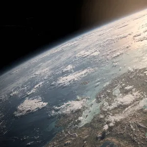 Photorealistic aerial photograph clearly showing the edge of the Earth from space, capturing realistic curvature, atmosphere, and sunlight reflections - Black Forest Labs Flux 2 Pro