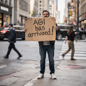 Photorealistic daytime street photograph, clearly showing a man standing still on a busy urban street corner holding a rectangular cardboard sign clearly facing camera, handwritten bold black marker text clearly readable as 