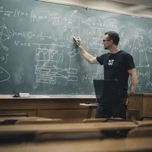 Photorealistic depiction of a man wearing a clearly visible black OpenAI-branded T-shirt. He is standing at the front of a university lecture hall, writing complex mathematics and AI-related equations across a large, dusty chalkboard filled with notation - Black Forest Labs Flux 2 Pro