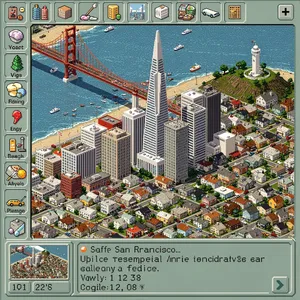 Pixel art cityscape of San Francisco in the iconic SimCity 2000 style, isometric view, detailed skyscrapers, residential areas, clearly identifiable Golden Gate Bridge, Coit Tower, Transamerica Pyramid, surrounded by the classic SimCity 2000 UI elements - Black Forest Labs Flux 2 Pro