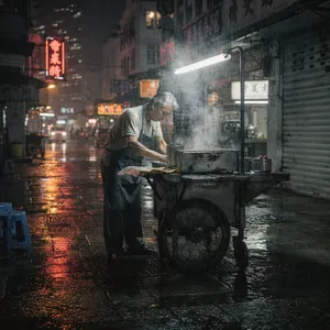 Rain-slicked Singapore street, 3 AM. A lone elderly hawker cleans his cart under one flickering fluorescent light. Steam rises gently. Low-angle shot, photorealistic - Black Forest Labs Flux 2 Pro