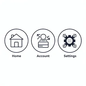 Set of 5 consistent flat design icons for a mobile banking app: 'Home', 'Transfer', 'Account', 'Scan QR', 'Settings'. Monochrome dark blue. - Black Forest Labs Flux 2 Pro