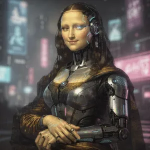 The Mona Lisa reimagined as a futuristic android, rendered in a digital art style that preserves Da Vinci's composition while incorporating sleek cyberpunk aesthetics and technological elements. - Black Forest Labs Flux 2 Pro