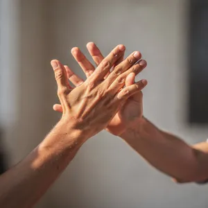 Two people high-fiving, with focus on their hands meeting mid-air. - Black Forest Labs Flux 2 Pro