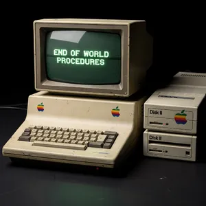 Vintage Apple II computer with green monochrome CRT screen, displaying 'END OF WORLD PROCEDURES' in green text. Two external floppy drives stacked on the right, labeled disk II with rainbow Apple logos. Beige casing, black background, retro aesthetic. - Black Forest Labs Flux 2 Pro