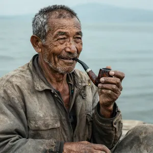 A 4K photo of an old fisherman with a weathered face and a pipe, grinning. - Alibaba Z-Image Turbo