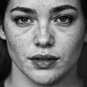A black and white close-up portrait of a freckled woman with an intense gaze. - Alibaba Z-Image Turbo