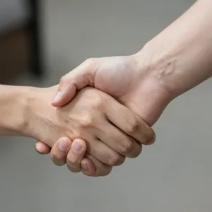 A close-up of two people shaking hands, both hands fully visible with five fingers each, in sharp focus against a blurred background. - Alibaba Z-Image Turbo