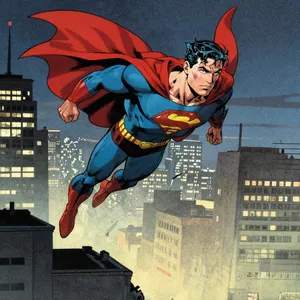 A comic-book style superhero flying over a city at night, with halftone shading. - Alibaba Z-Image Turbo