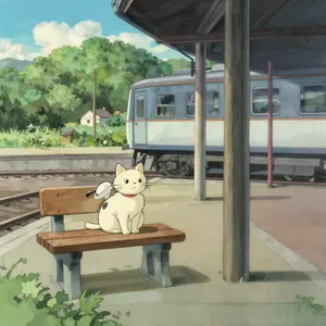 A countryside train station with a cat waiting on a bench. Rendered in Studio Ghibli animation style with Miyazaki's watercolor backgrounds and hand-drawn quality. - Alibaba Z-Image Turbo