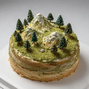 A dessert cake that looks like a tiny planet, complete with miniature trees and mountains, photographed in a professional food photography style with tilt-shift focus effect. - Alibaba Z-Image Turbo