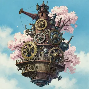 A floating steampunk castle in the sky with intricate mechanical gears and cherry blossom trees, illustrated in Hayao Miyazaki's Castle in the Sky (1986) art style with watercolor textures and detailed line work. - Alibaba Z-Image Turbo