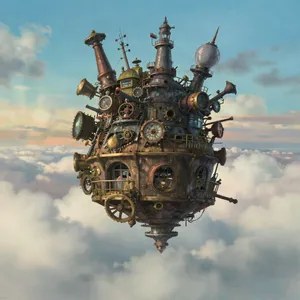 A flying castle floating in clouds at sunrise. Match the visual aesthetic of 'Howl's Moving Castle' by Studio Ghibli, with Miyazaki's blend of steampunk elements and fantasy. - Alibaba Z-Image Turbo