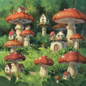 A forest of giant mushrooms with houses built on top of them, rendered in a whimsical Studio Ghibli-inspired art style with vibrant colors and fantastical details. - Alibaba Z-Image Turbo