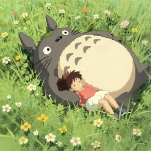 A girl and a giant fluffy creature napping in a wildflower meadow. Reproduce the art style of 'My Neighbor Totoro' by Studio Ghibli, with Miyazaki's soft character designs. - Alibaba Z-Image Turbo
