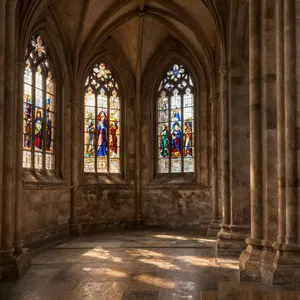 A Gothic cathedral interior at sunset with light streaming through detailed stained glass windows, creating colored patterns on stone floors and columns. Show accurate ribbed vaulting. - Alibaba Z-Image Turbo