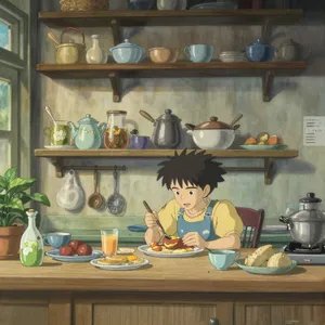 A kitchen with magical cooking implements preparing breakfast. Duplicate the artistic style of Studio Ghibli's domestic scenes, with Miyazaki's detailed settings and warm lighting. - Alibaba Z-Image Turbo