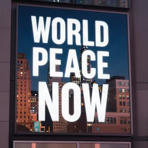 A large storefront billboard at Times Square displaying the slogan “WORLD PEACE NOW” in bold, clear letters, amidst a vibrant cityscape at night. - Alibaba Z-Image Turbo